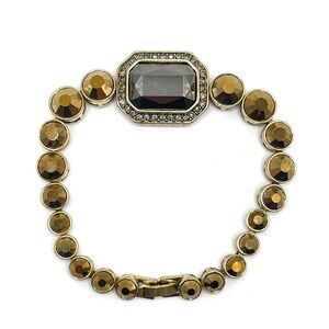 Heidi Daus Signed Gold Tone Metallic Amber Hematite Rhinestone Bracelet 8"